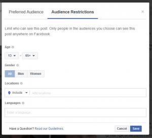 Image 3: Preferred audience here seems not to affect anything but DO NOT restrict anyone!! Image 3: Preferred audience here seems not to affect anything but DO NOT restrict anyone!! - Dangers of Restricting your Audience on your Facebook Business Page - Careful what you do with posts on your page.